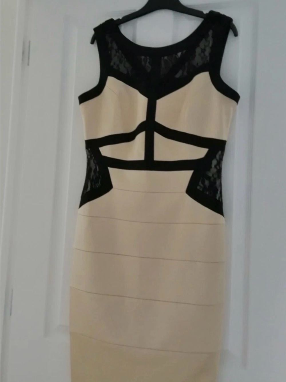 Jax Beige and Black Lace-Trim Midi Sheath Dress